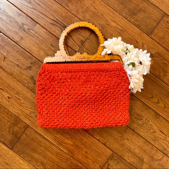 Vintage Woven Crochet Bag with Wood Handles - Picture 3 of 5